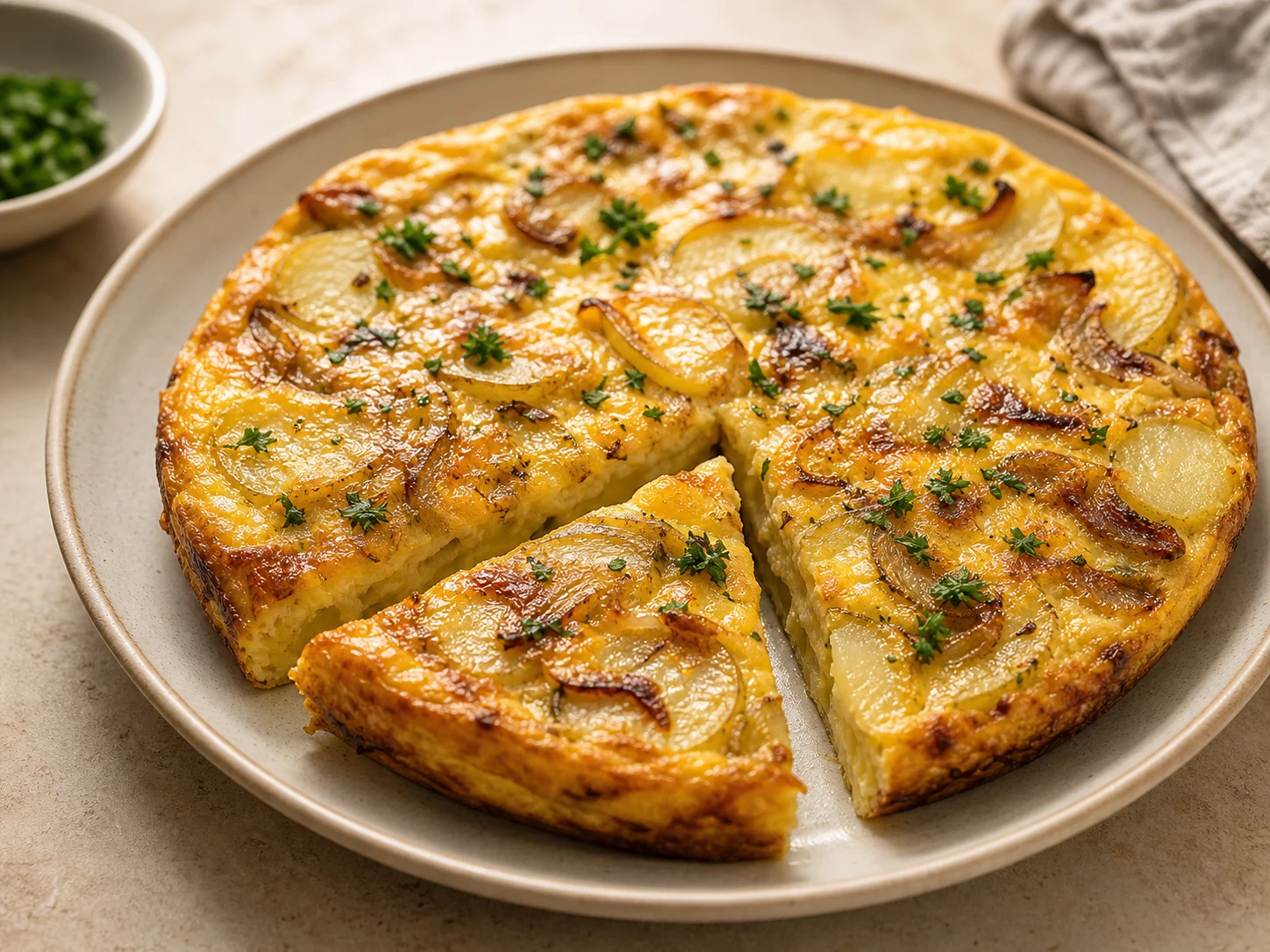 Cheesy potato and onion frittata on a cream plate