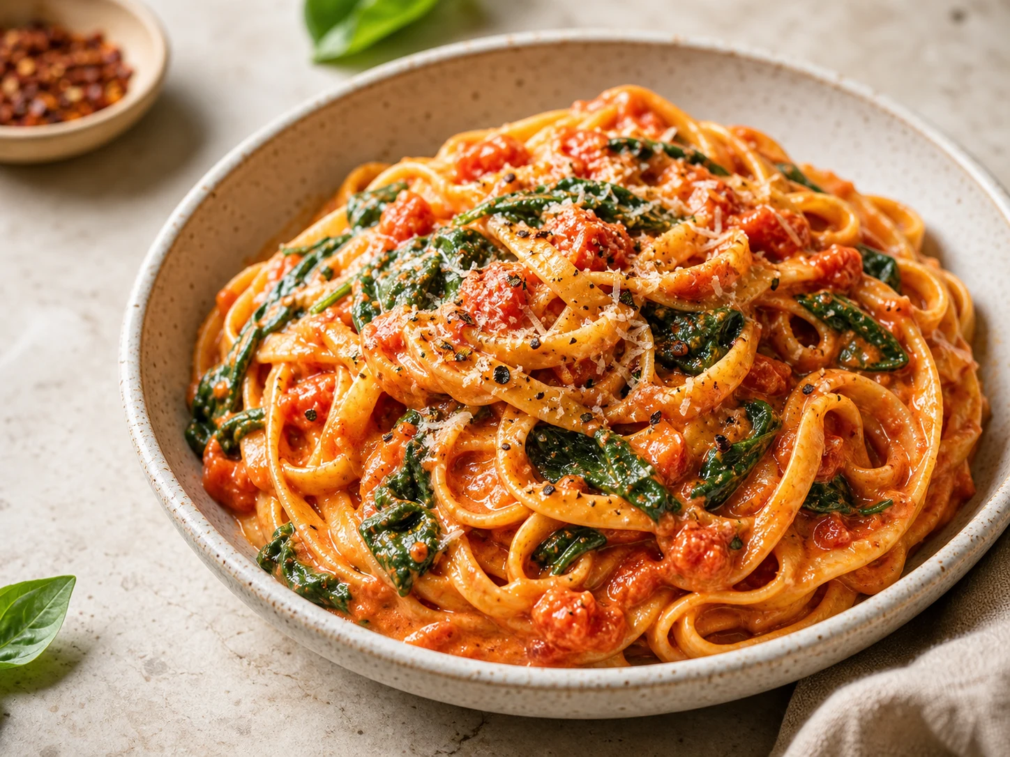 Creamy tomato and spinach pasta on a plate