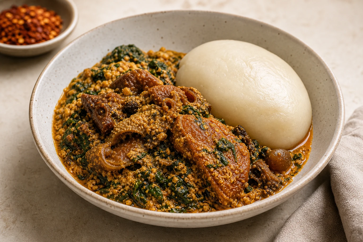 Egusi soup with greens and pounded yam