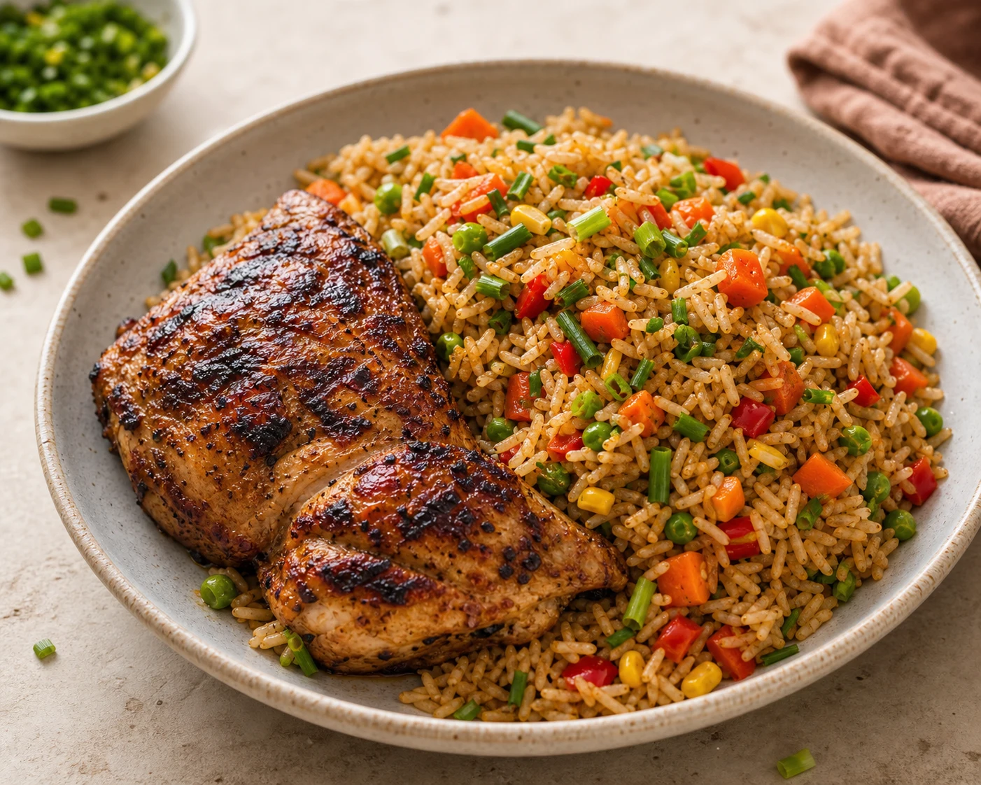 Nigerian fried rice with vegetables and grilled turkey