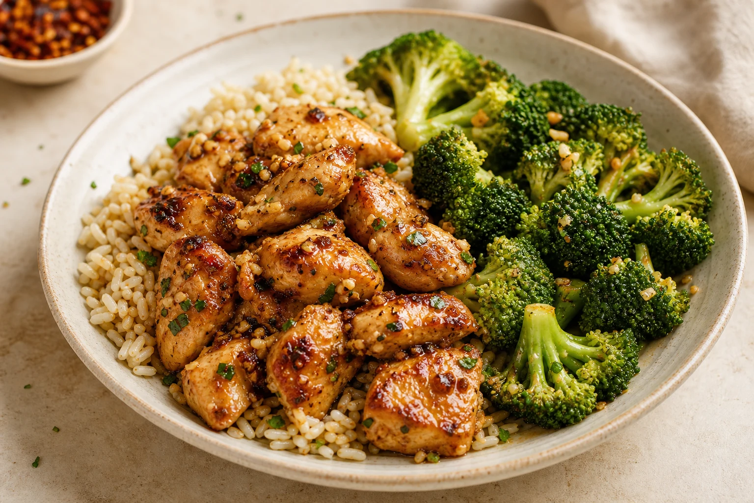 Garlic chicken and broccoli rice in a ceramic bowl