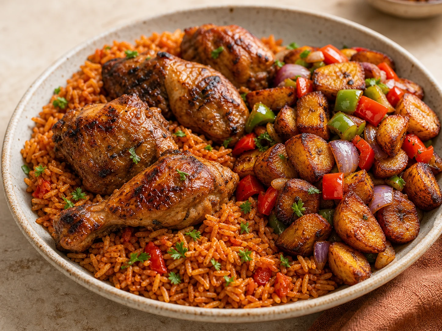 Jollof rice with roasted turkey and gizdodo on a ceramic plate