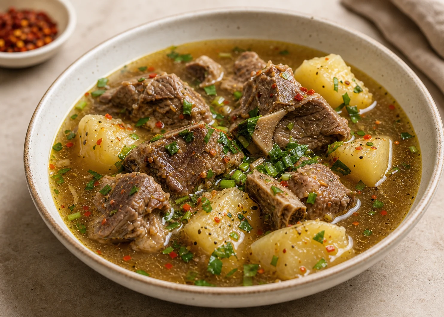 Pepper soup with tender meat and potatoes in a deep bowl