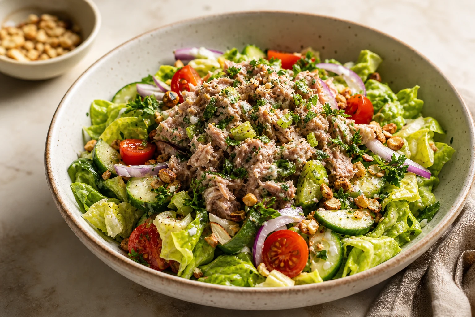 Tuna crunch salad bowl with crisp vegetables