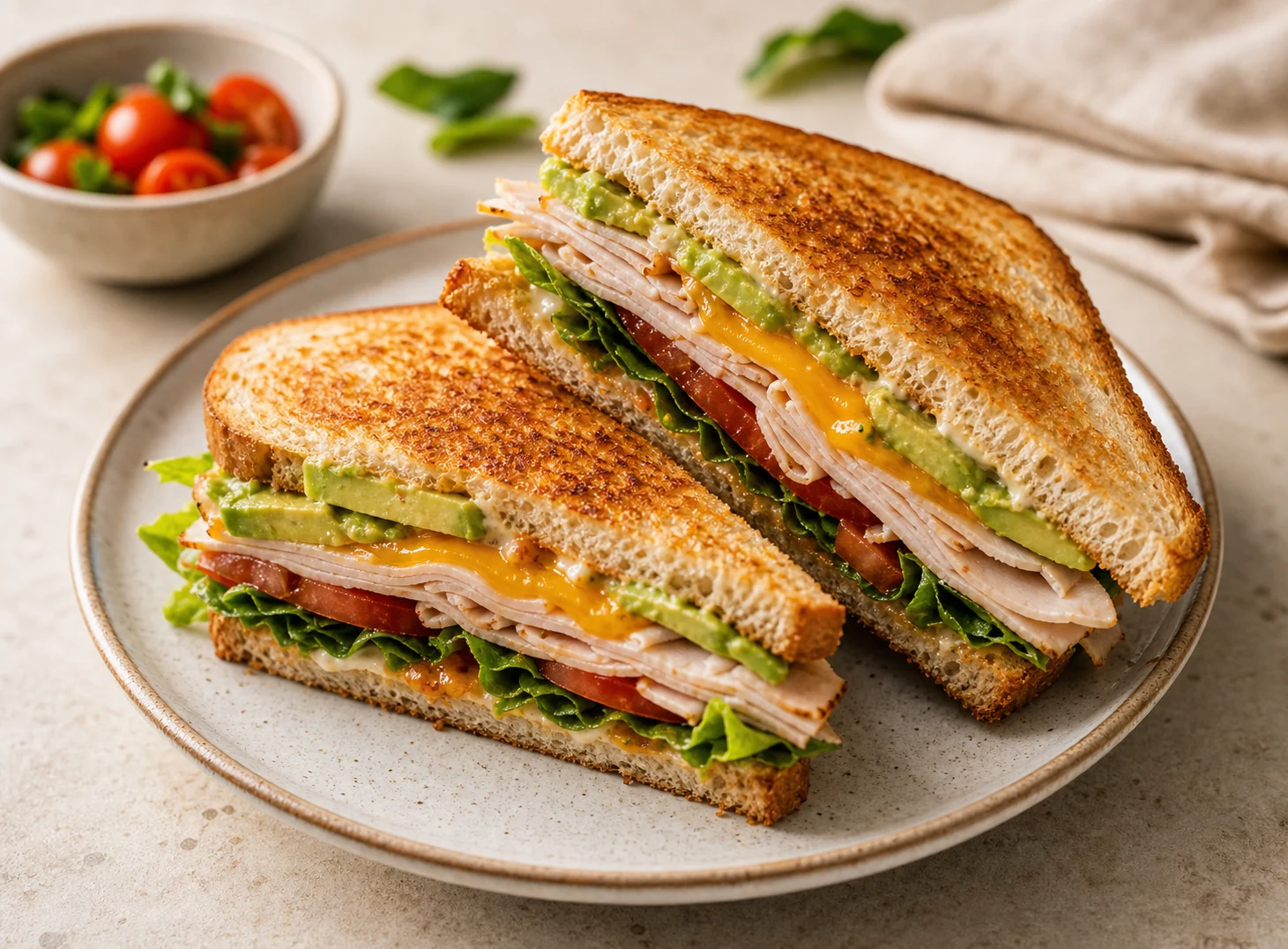 Toasted turkey avocado sandwiches with tomato and lettuce