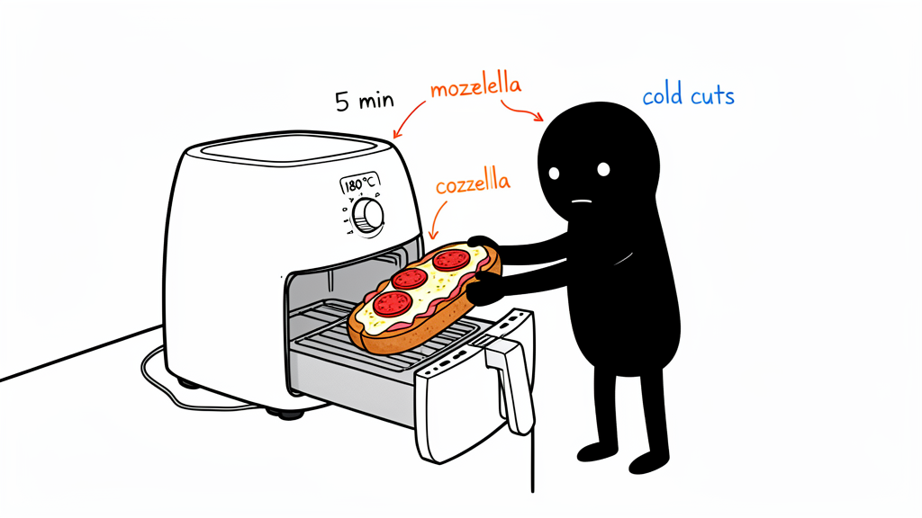 Air fryer pizza bread with melted mozzarella and cold cuts